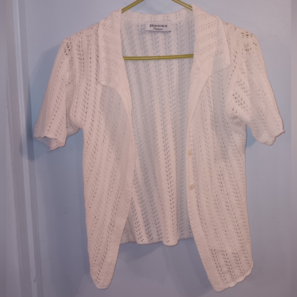 Vintage Brooks Off White Open Knit Sweater With Collar & Buttons Short Sleeves